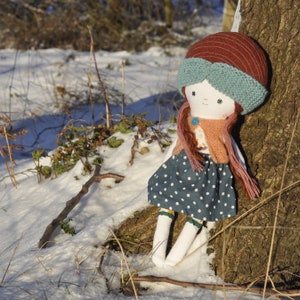 Dressed cloth rag doll of original design, with sweater, skirt and knitted headband image 5