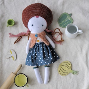 Dressed cloth rag doll of original design, with sweater, skirt and knitted headband image 3