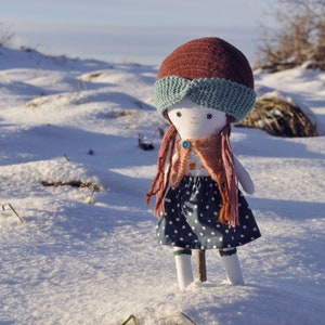 Dressed cloth rag doll of original design, with sweater, skirt and knitted headband image 2