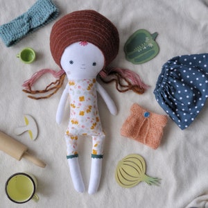 Dressed cloth rag doll of original design, with sweater, skirt and knitted headband image 4