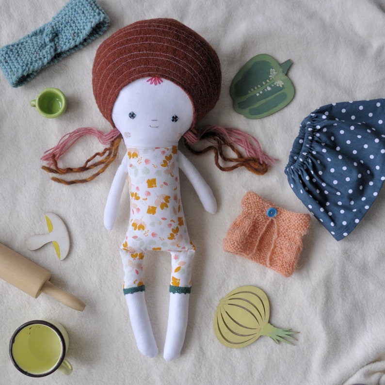 Dressed cloth rag doll of original design, with sweater, skirt and knitted headband image 4