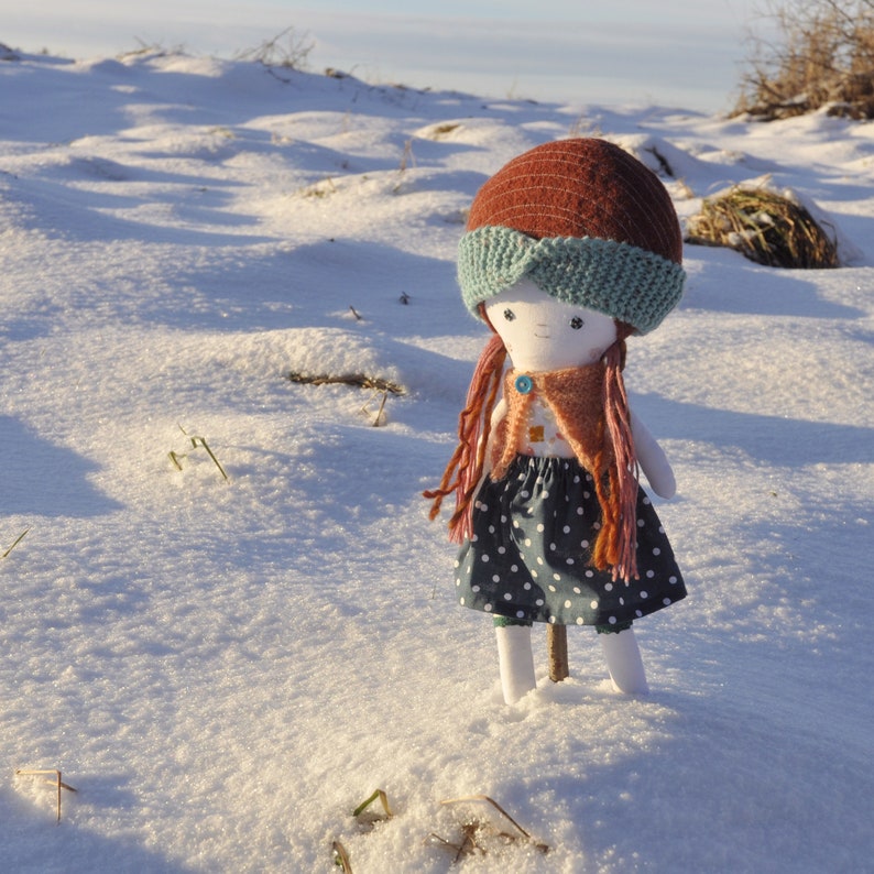 Dressed cloth rag doll of original design, with sweater, skirt and knitted headband image 1