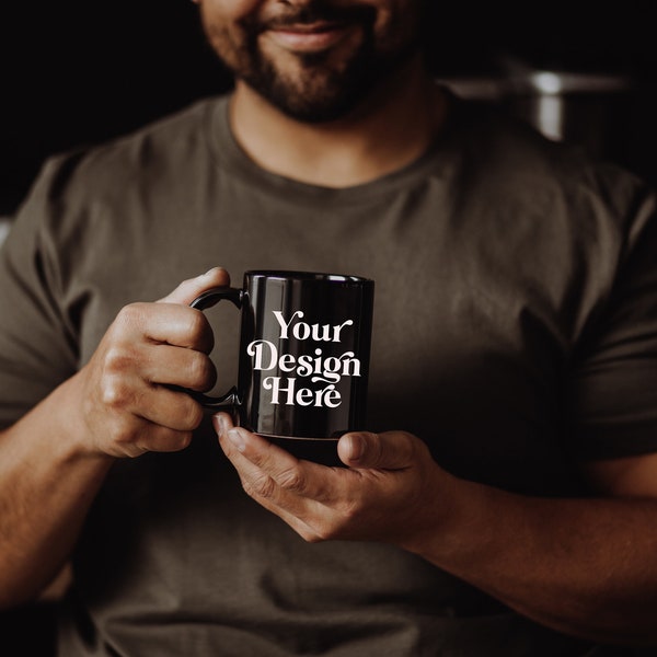 Black 11oz Mockup for Men Holding Mug Moody Mockup for Print on Demand Mugs