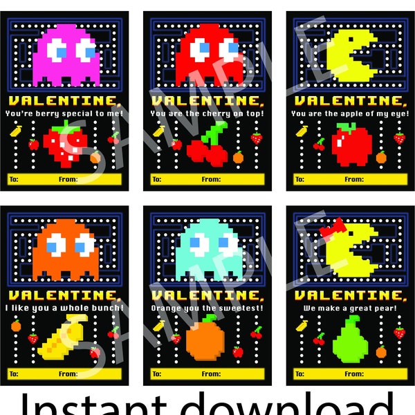 Pacman Valentines, Boy Valentine, Gamer Valentines, Valentines Day, Fruit Valentines, Kids Valentine Card, Printable Valentine, Class Cards