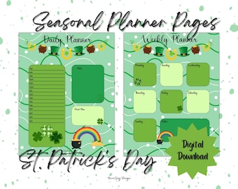 Två (2) utskrivbara kalendersidor, Goodnotes, digital journal, daglig veckoplanerare, St. Patrick's Day, säsongsplanerare, US Letter, A4, A5