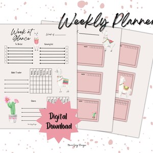 May include: Printable weekly planner with a llama theme. The planner includes a week at a glance section, a grocery list, a habit tracker, a to-do list, and a notes section. The planner is decorated with a cactus and llamas.