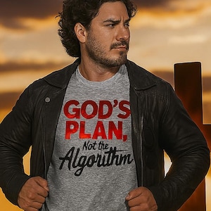 May include: A person wearing a gray t-shirt with the text "GOD'S PLAN, Not the Algorithm" in red and black. The person is also wearing a black leather jacket, black pants, and black shoes. A large wooden cross is in the background.