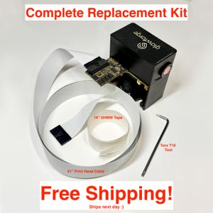 May include: Complete replacement kit including a black box with the word "glowforge" on it, a circuit board, a roll of 19" UHMW tape, a 51" print head cable, and a Torx T10 tool. The text "Complete Replacement Kit" is at the top.