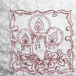 Christmas Redwork Quilt Square, 9X9 inch, Machine Embroidered
