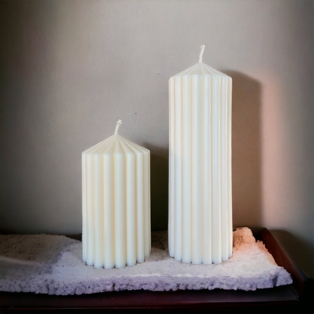 Ribbed Pillar Candle Set Offwhite Etsy