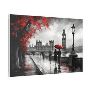 Romantic Loving Couple in London Big Ben Tower Black/White and Red Oil Painting Style Art Print Canvas Wall Decor