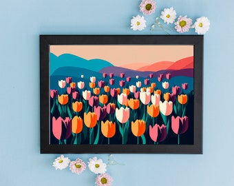 Tulip Flowers Field Wall Art Print | Modern Wall Decor | Landscape Painting | Contemporary Art | DIGITAL DOWNLOAD