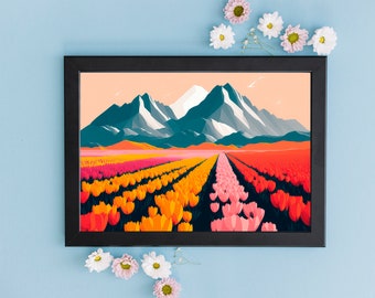 Tulip Flowers Field Wall Art Print | Modern Wall Decor | Landscape Painting | Contemporary Art | DIGITAL DOWNLOAD