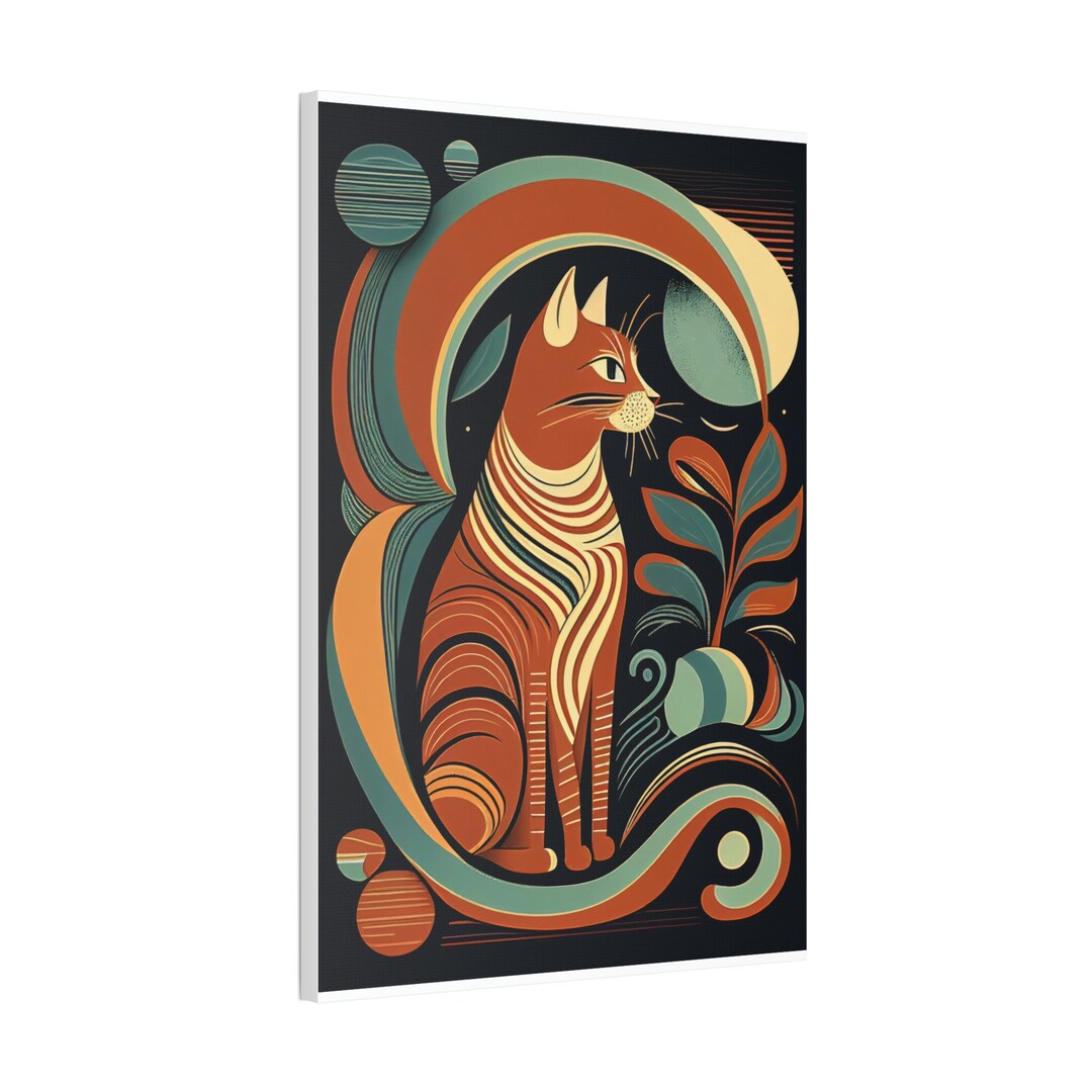 Boho Mid Century Cat Abstract Art Print Painting Wall Canvas Etsy