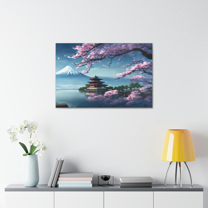 Japanese Castle by the Lake With Cherry Blossoms and Mount Fuji Canvas ...