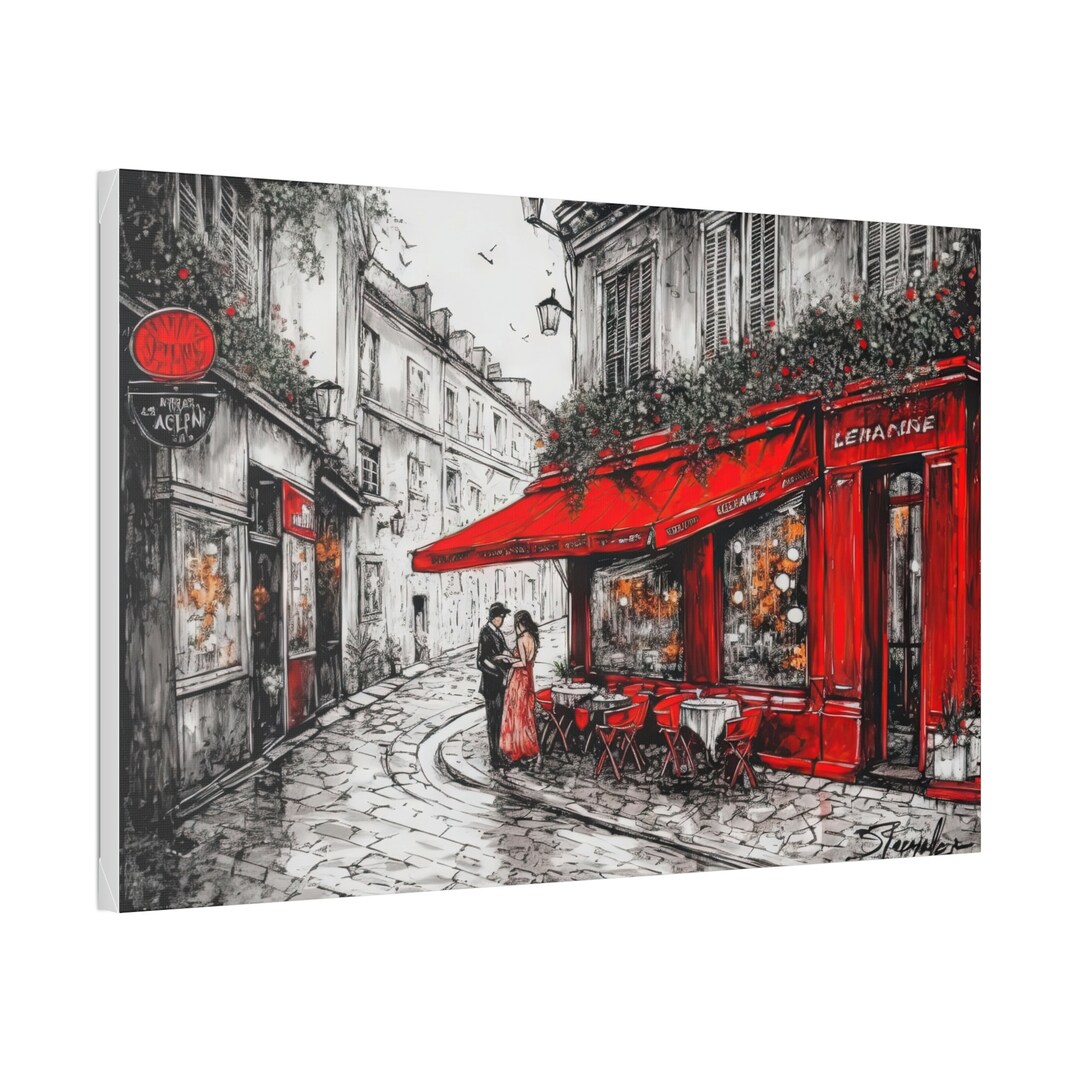 Romantic Loving Couple by a Cafe in Black/white and Red Oil Painting ...