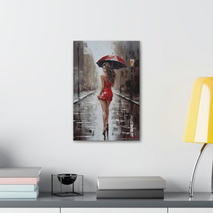 Beautiful Lady in Red in the Rain in Black/White and Red Oil Painting Style Art Print Canvas Wall Decor image 2