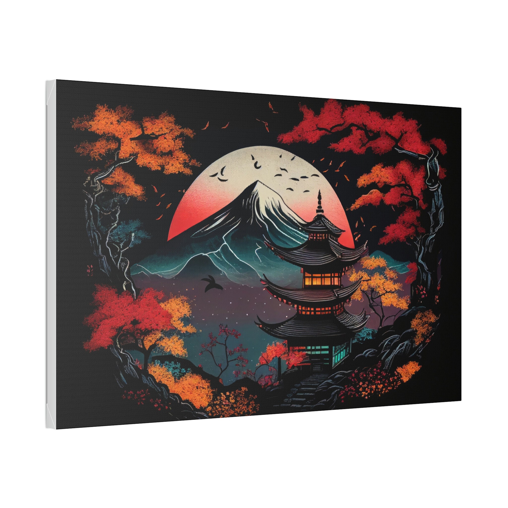 Japanese Pagoda with fall colors Japan Landscape Art Print Painting Wall Canvas Decor