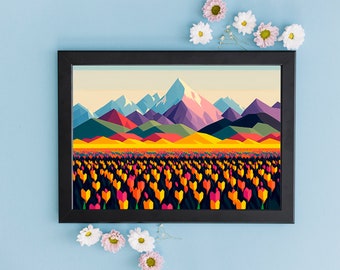 Tulp bloemen veld kunst aan de muur afdrukken | Moderne wanddecoratie | Landschapsschilderkunst | Hedendaagse kunst | DIGITAAL DOWNLOADEN