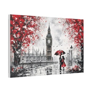 Romantic Loving Couple in London Big Ben Tower Black/White and Red Oil Painting Style Art Print Canvas Wall Decor
