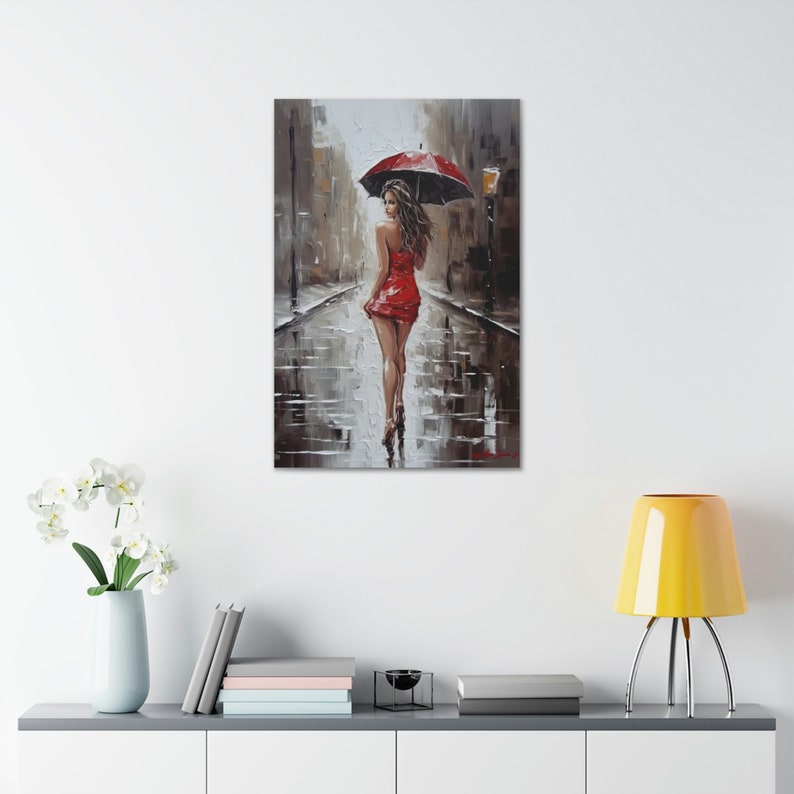 Beautiful Lady in Red in the Rain in Black/White and Red Oil Painting Style Art Print Canvas Wall Decor image 4