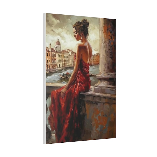 Lady in Red on the Ledge in Black/White and Red Oil Painting Style Art Print Canvas Wall Decor