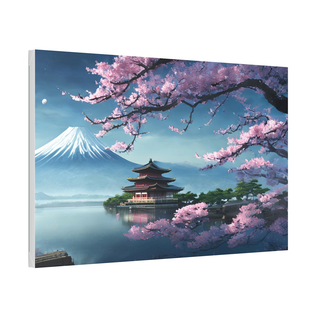 Japanese Castle by the Lake With Cherry Blossoms and Mount Fuji Canvas Wall Art Etsy