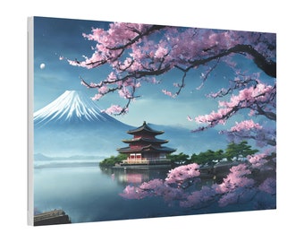 Japanese Castle by the Lake with Cherry Blossoms and Mount Fuji Canvas Wall Art