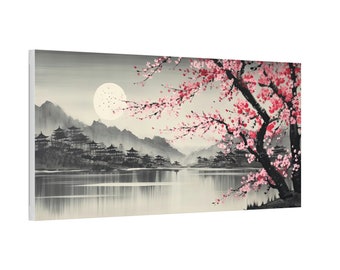 Cherry Blossoms Over Lake Japan Landscape Art Print Painting Wall Canvas Decor