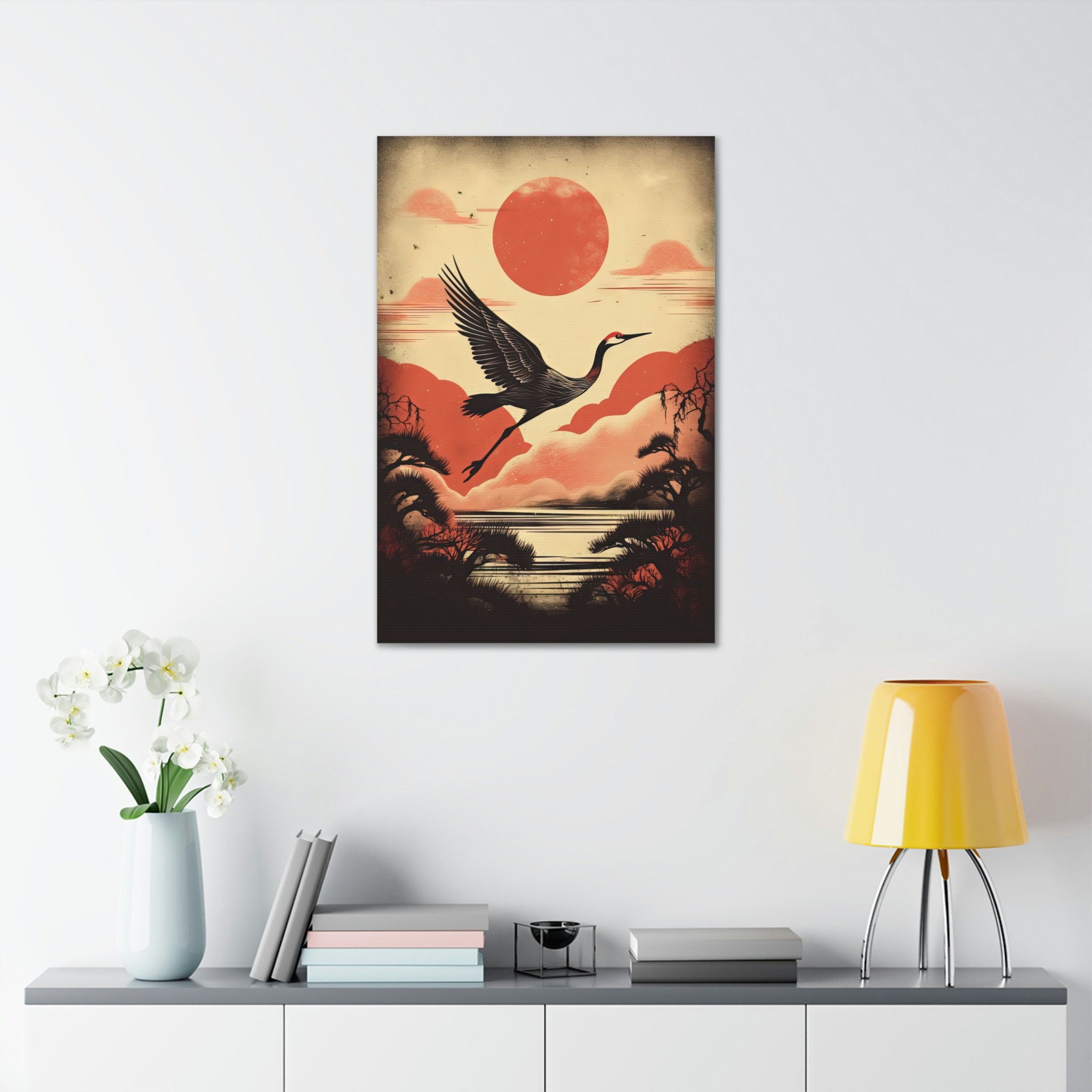 Japanese Crane Art Print Painting Wall Canvas Decor Etsy