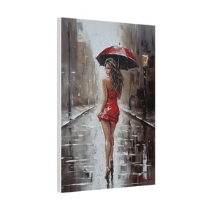 Beautiful Lady in Red in the Rain in Black/White and Red Oil Painting Style Art Print Canvas Wall Decor image 1