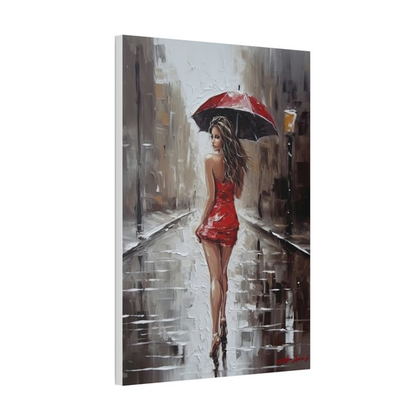 Beautiful Lady in Red in the Rain in Black/White and Red Oil Painting Style Art Print Canvas Wall Decor