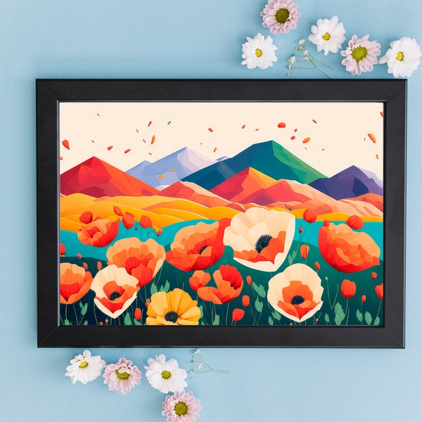 Poppy Flowers Field Wall Art Print | Modern Wall Decor | Landscape Painting | Contemporary Art | DIGITAL DOWNLOAD