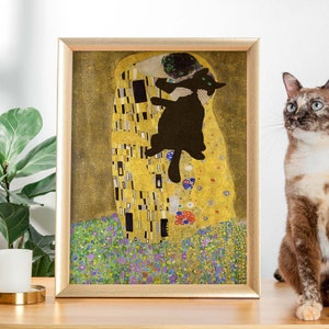 Gustav Klimt Cat printable, Klimt the Kiss Cat, Funny Cat mom gift, Black Cat Art, Funny Gift Poster Wall Art Home Decor Printable Art