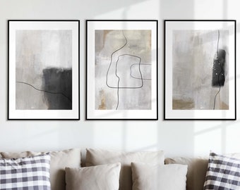 May include: Three abstract art prints with black frames. Each print features a white background with a black line drawing and subtle gray and brown watercolor washes.