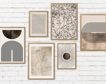 Halverwege de eeuw moderne lijnkunstprintset, boho-huisdecoratie (digitale download)