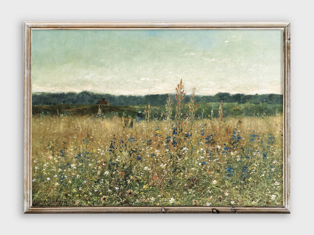 Printable Wildflower Field Landscape Oil Painting, Vintage Meadow ...