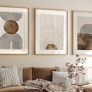 Mid Century Modern Triptych wall art, Neutral Modern Wall Art Decor Minimalist Digital Prints Boho Home Decor Rainbows Printable Wall Art