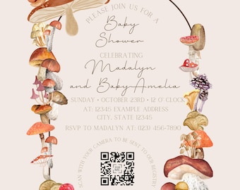 Op de afbeelding: Een baby shower uitnodiging met een paddenstoelthema. De uitnodiging heeft een bruine boog met de tekst "Kom gezellig mee naar een baby shower ter ere van Madalyn en Baby Amelia" en een QR-code. De uitnodiging is versierd met aquarel illustraties van paddenstoelen.