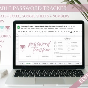 Password Tracker Editable PW Keeper Google Sheets Excel Numbers Instant Digital Download Track Username Security Questions for Organization