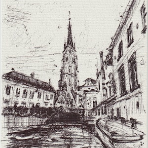 Belgio Ghent, disegno originale a penna su carta bianca per acquerello dell'artista Evan Tyler Stallone