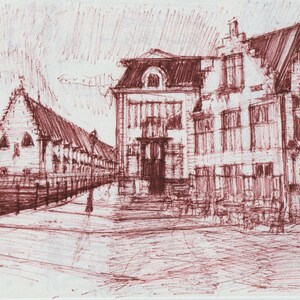Belgio Ghent, disegno a penna originale su carta da disegno bianco sporco dell'artista Evan Tyler Stallone