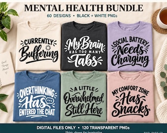 May include: A collection of six t-shirts in cream, black, lavender, blue, sage green, and pink, each featuring black graphic text designs. The shirts display phrases including Currently Buffering, My Brain Has Too Many Tabs, and Social Battery Needs Charging.