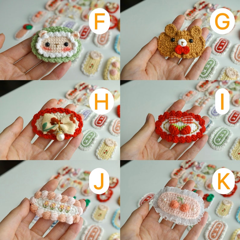 May include: A collection of handmade crochet hair clips in various designs. The clips feature a sheep, bear, cherries, and floral patterns, with red, white, and pastel colors. Each clip is approximately 2 inches long.