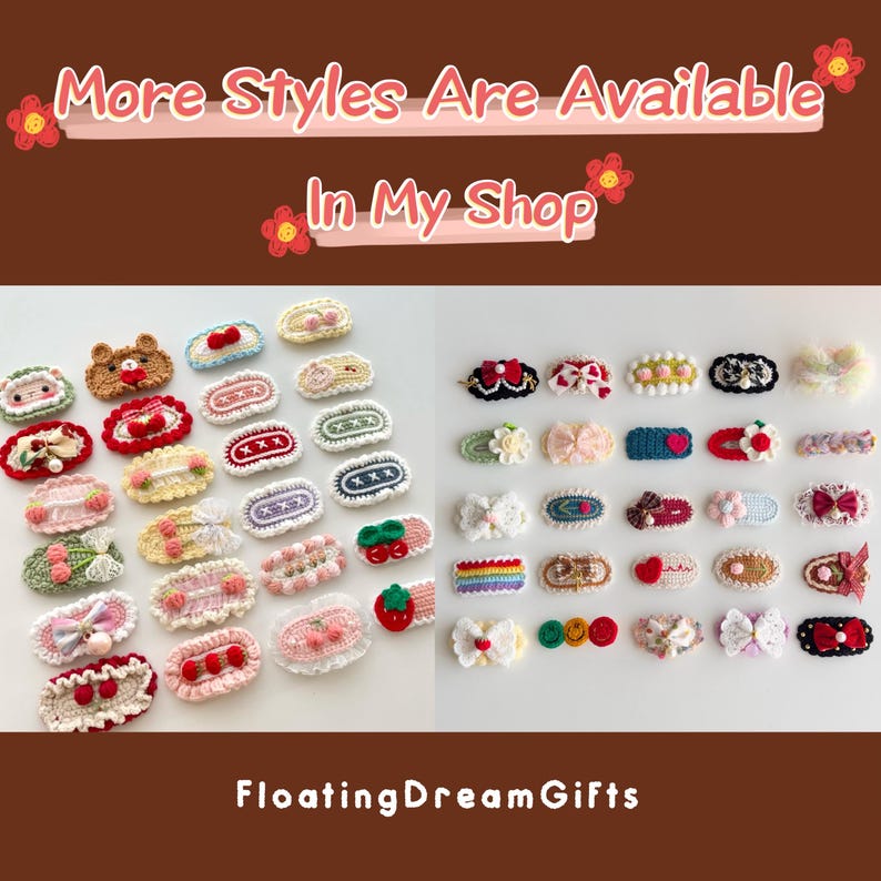 Op de afbeelding: Een verzameling handgemaakte haarclips in diverse ontwerpen, waaronder strikken, bloemen en fruit. De clips zijn in verschillende kleuren, waaronder rood, roze en groen. De tekst op de afbeelding luidt "More Styles Are Available In My Shop" en "FloatingDreamGifts".