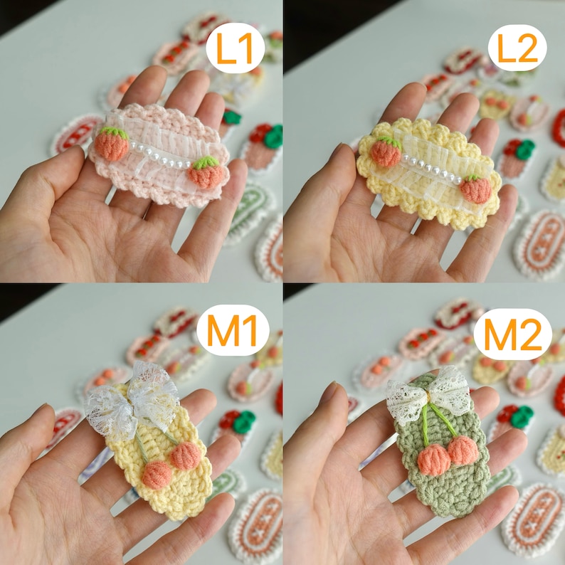 May include: A collection of handmade crochet hair clips in various designs. The clips feature strawberry and cherry motifs, with details like lace and pearl accents. Colors include pink, yellow, and green, showcasing a delicate, feminine aesthetic.