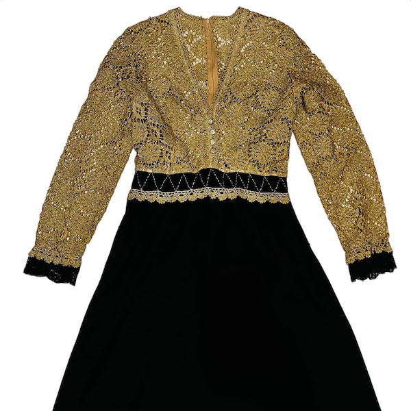 Vintage Womens Medieval Revival 1970s Psych Gold Crochet Lace Party Dress Size 8 Retro Gothic Revival 70s Simon Ellis