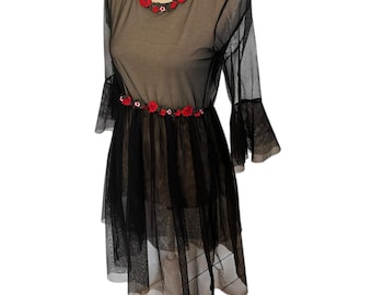 Vintage Black Mesh Sheer Dress,Size 10, Romantic Floral Trim - Grunge / Whimsigoth / Fairycore Ruffle Bell Sleeves