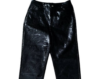 Pantalon effet mouillé texturé pour femmes des années 90, 70, noir verni/gris craquelé, taille 12, rétro glam
