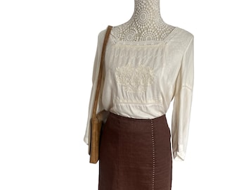 Vintage Womens Brown 1970s 70s Stitch Maxi Hippy Skirt Size 14-16 Retro Boho Spring Summer Woodstock Floaty Bohemia